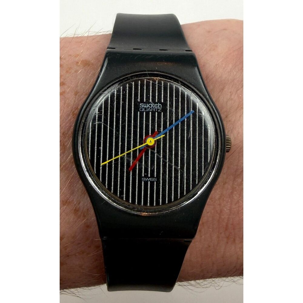 Vintage 80s Swatch Watch Pinstripe S.441 Black Plastic Quartz, Swiss Made